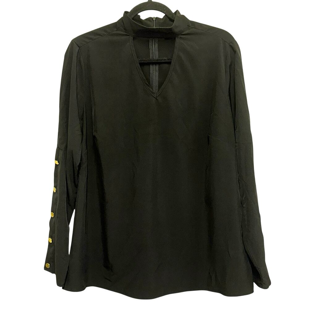 Chico's‎ Black Long Sleeve Blouse Women's Size 1 Gold Button Sleeve Keyhole Neck